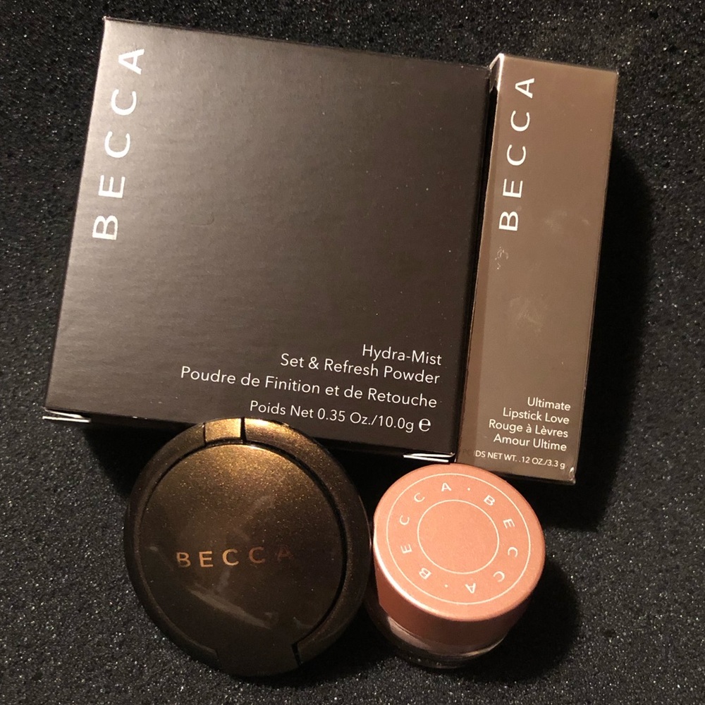Becca cosmetics powder, lipsticks and samples